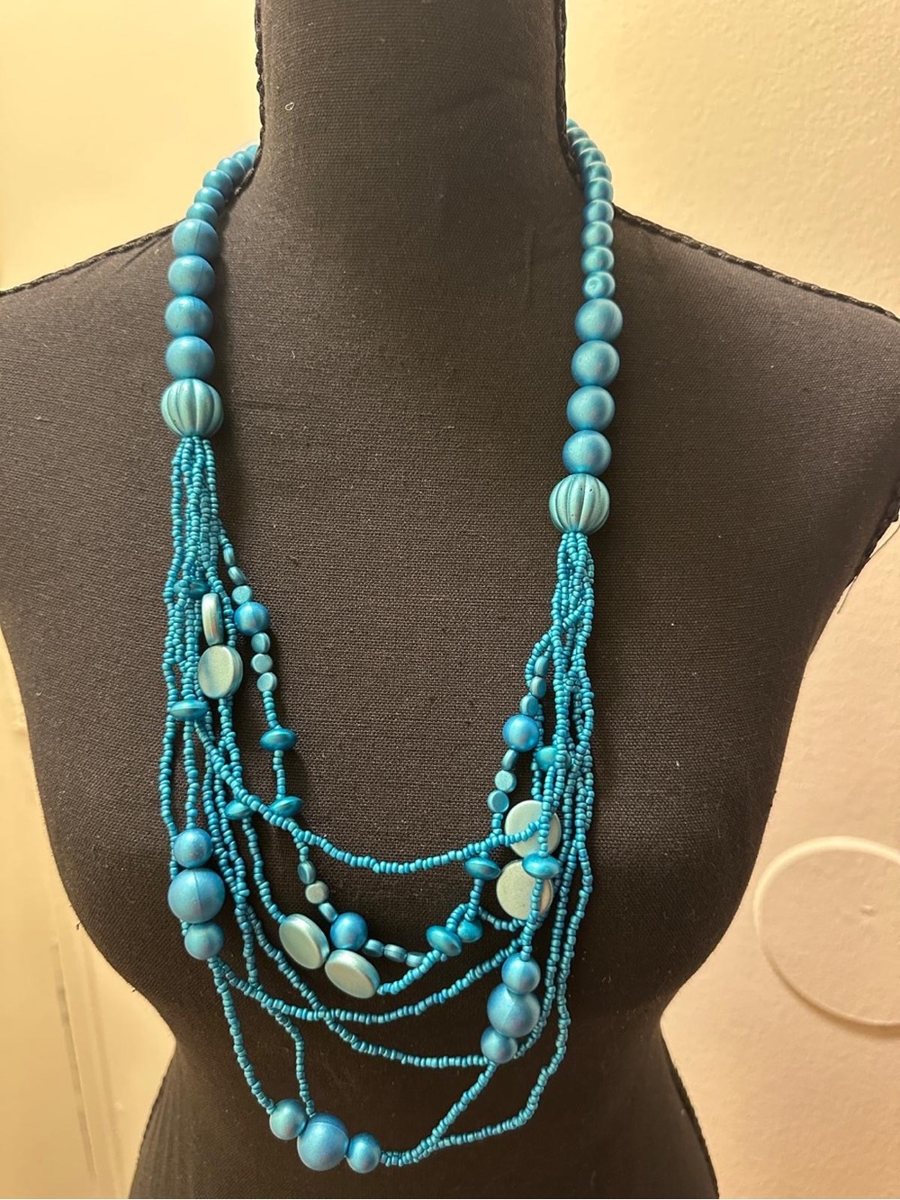 Turquoise Blue Multi Strand Beaded Statement Necklace Long Layered Wooden Beads